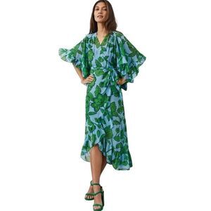 Cabi Derby Wrap Dress Size Large Ruffles Angel Sleeves Green Blue